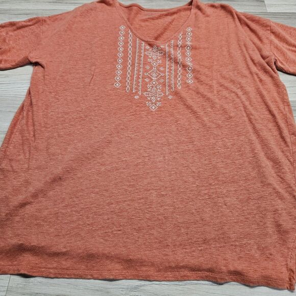 Garnet Hill Womens Shirt Orange Tribal Organic Linen V-neck Short Sleeve Medium - Picture 2 of 8